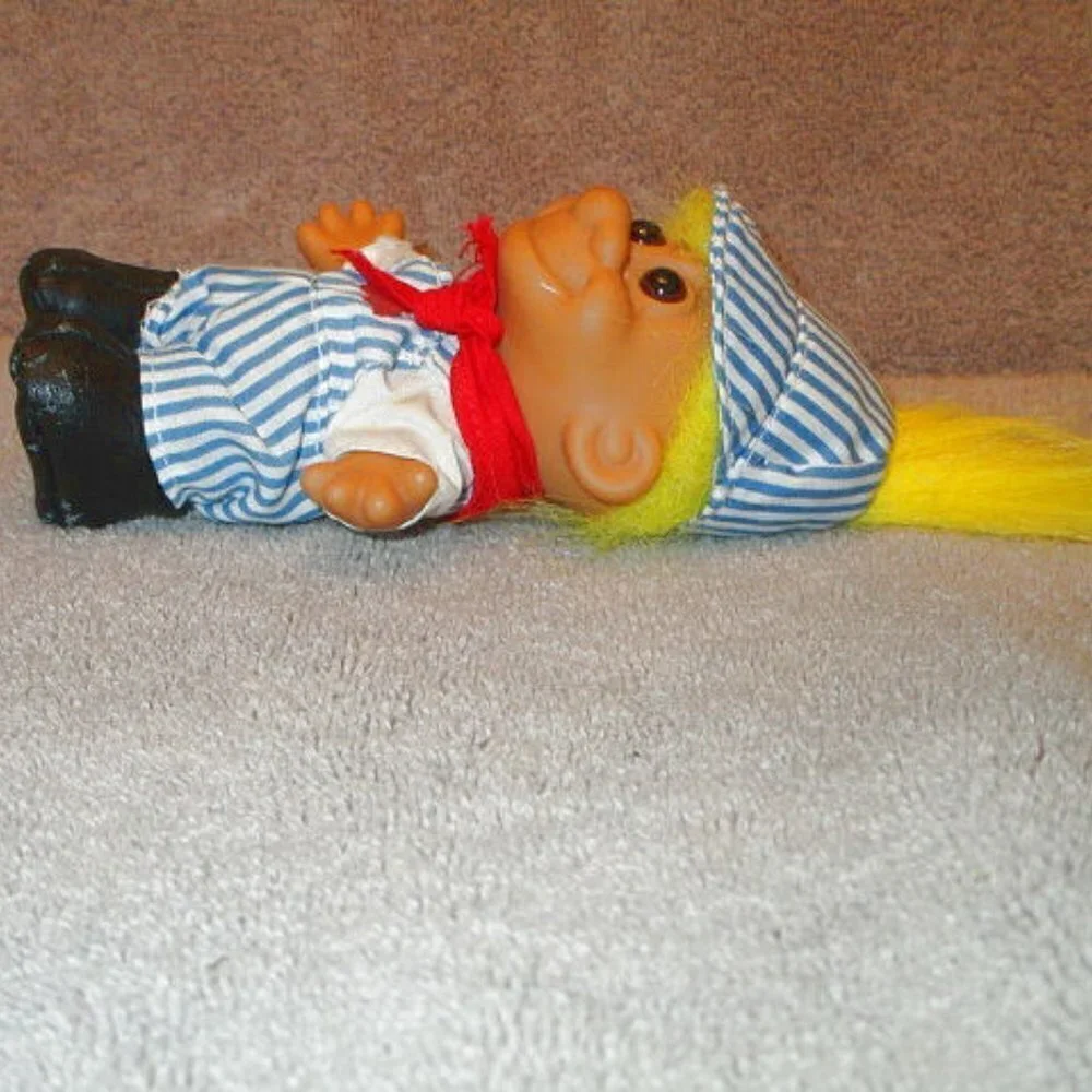 Vintage Russ Troll Doll Train Conductor Railroad Stripe Overalls Yellow Hair 80s
